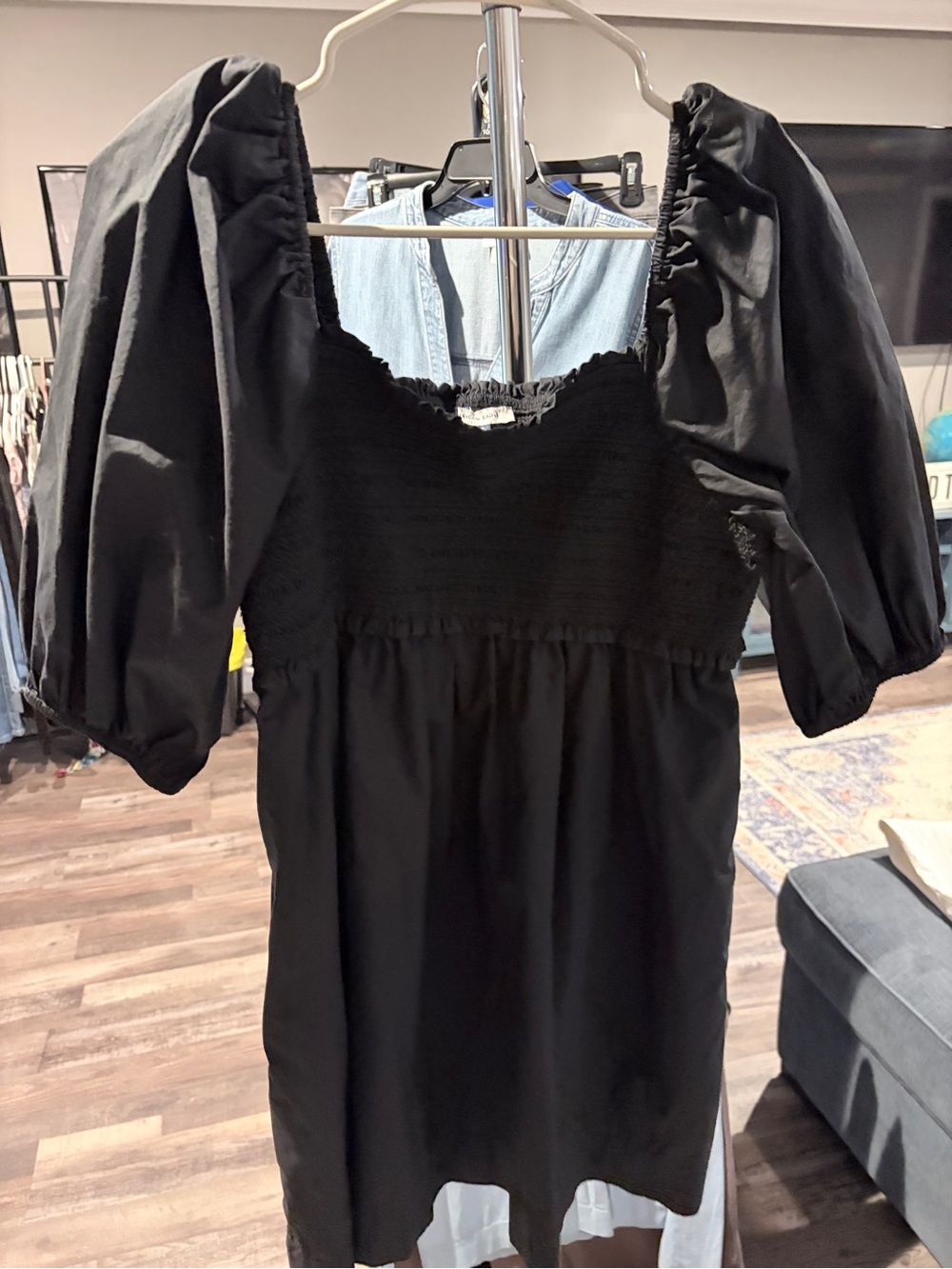 aerie Black Puff-Sleeve Smocked Bodice Mini Dress